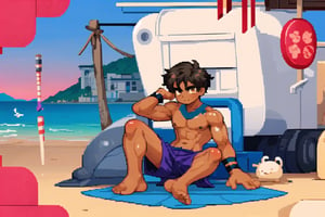 black boy sitting at the beach, (((brown skin))), looking away from viewer, cute, swimsuit, peaceful, agawa, vibrant colors, swim trunks, wind in hair, lean physique, lonely, short hair,pixel