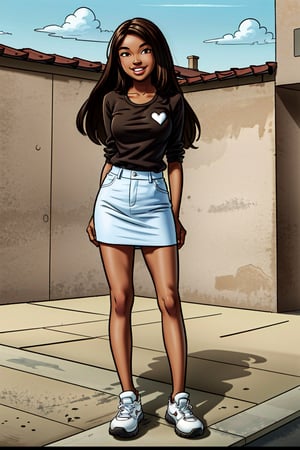 1 girl, masterpiece, best quality, (((brown skin))) , happy, brown hair, long hair, brown eyes, smile, hands on heart, basic background, clouds, full body, Jabcomix, realistic shading, source_comic