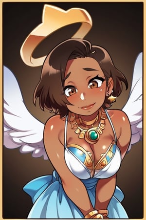 score_9, source_anime, score_8_up, score_7_up, 1girl (dark skin, african american), bright background,  (((brown skin girl))), brown hair, short hair, brown eyes, 25 years old, shy, crown, halo, angel wings, gown, slim eyes, intricate details, solo focus, happy, brave, clouds, dark shiny skin,Masterpiece, lighting,agawa