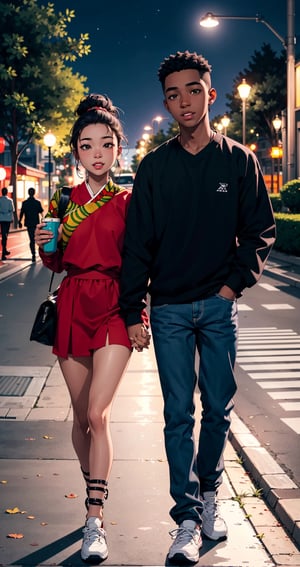 (((african/black boy))), (((asian girl))), teens, in love, park, night time, street light, pond