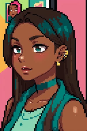 1girl (((brown skin))), african american, brown eyes, looking at viewer, eye contact, long length hair, straight hair, black hair, blush, slender, 28 years old, (((teal))) dress, brown skin, loose hair, hair out, choker necklace, standing, same height as viewer, cute facial expression, grown woman, striaght forward, mouth open, eyes open, gasp, girl's room, room with posters and trinkets, ear piercings, narrow face, middle part, hour glass figure

extreme closeup shot, Cartoon, 3d, agawa, 1girl, censored, pink hair highlights, pink IncursioDipDyedHair,n64style,realism,Pixel art
