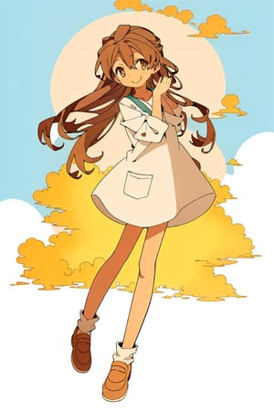 1 girl, masterpiece, best quality, (((brown skin))) , happy, brown hair, long hair, brown eyes, smile, hands on heart, basic background, clouds, dr24jab, full body