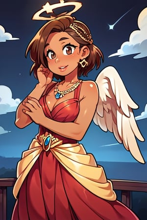 score_9, source_anime, score_8_up, score_7_up, 1girl (dark skin, african american), bright background,  (((brown skin girl))), brown hair, short hair, brown eyes, 25 years old, shy, crown, halo, angel wings, gown, slim eyes, intricate details, solo focus, happy, brave, clouds, dark shiny skin,Masterpiece, lighting,agawa, cute, kawaii, sfw