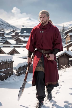 Fashion Show, style by Grimdark,a viking gripping his battle axe , a snowy villagebehind him ,cold,snowing
