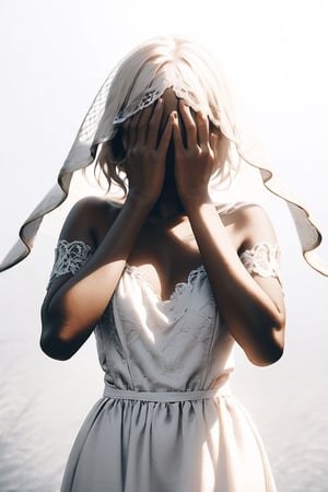  Black and white studio photo of thin blonde woman, wearing fishnet black and white dress and veil covering face and body, front view, white background, cinematic lighting--ar 2:3 --v 6.0