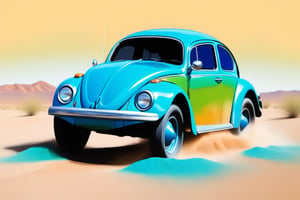 A blue and green beetle carrying a ball of dirt in the desert, , with wet-on-wet brushstrokes for a blurred, dreamy effect