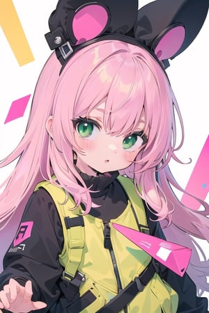 a  little girl ,pink hair ,green eyes surrounded by pink and yellow minimalistic edge abstraction emphasizing sharp, clean lines.