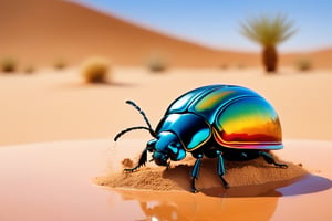  beetle carrying a ball of dirt in the desert, , with wet-on-wet brushstrokes for a blurred, dreamy effect