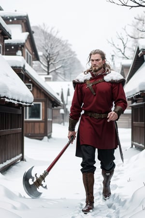 PHOTOGRAPHY, style by Grimdark,a viking gripping his battle axe , a snowy villagebehind him ,cold,snowing
