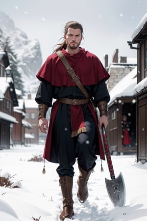Fashion Show, style by Grimdark,a viking gripping his battle axe , a snowy villagebehind him ,cold,snowing