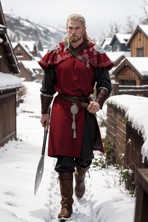 Fashion Show, style by Grimdark,a viking gripping his battle axe , a snowy villagebehind him ,cold,snowing
