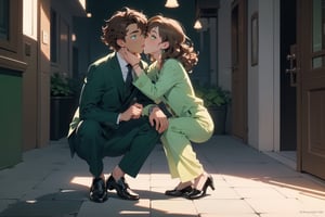 Cinematic still, romantic comedy,FULL-BODY SHOT,(girl with curly brown hair,  light green eyes,  half of which is brown and green), kissing to ( boy in a suit ) outside a luxurious building,  ,8k masterpiece, perfect lighting, stunning details, shadow play, detailed hues, motion blur
