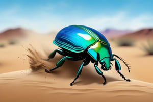 A blue and green beetle carrying a ball of dirt in the desert, with wet-on-wet brush strokes for a blurry, dreamy effec