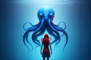 a cinematic film full body gril kraken on a two tone background, in the style of minimalist color field, multi-layered geometry, bold lines, vibrant color, red and blue 32k uhd,JAR,silent hill style,detailmaster2