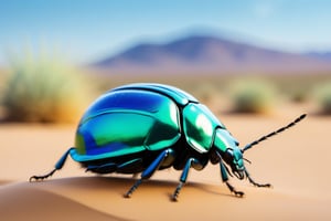 A blue and green beetle carrying a ball of dirt in the desert, with wet-on-wet brush strokes for a blurry, dreamy effec