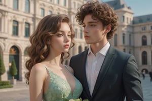Cinematic still, romantic comedy,FULL-BODY SHOT,girl with curly brown hair, light green eyes, half of which is brown and green, outside a luxurious building, waiting behind a boy in a suit and a bouquet of flowers,8k masterpiece, perfect lighting, stunning details, shadow play, detailed hues, motion blur
