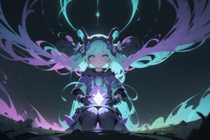 
druid in future-symphonic echoes style, amidst bioluminescent dreamscapes and cyber-ethereal harmonies, creating a kaleidoscope of intertwined hues in pruple and green