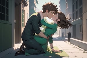 Cinematic still, romantic comedy,FULL-BODY SHOT,(girl with curly brown hair,  light green eyes,  half of which is brown and green), kissing to ( boy in a suit ) outside a luxurious building,  ,8k masterpiece, perfect lighting, stunning details, shadow play, detailed hues, motion blur
