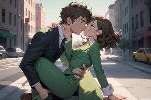 Cinematic still, romantic comedy,FULL-BODY SHOT,(girl with curly brown hair,  light green eyes,  half of which is brown and green), kissing to ( boy in a suit ) outside a luxurious building,  ,8k masterpiece, perfect lighting, stunning details, shadow play, detailed hues, motion blur
