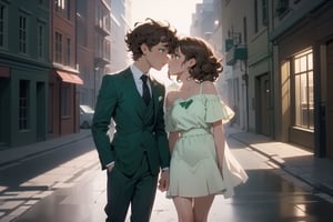 Cinematic still, romantic comedy,FULL-BODY SHOT,(girl with curly brown hair,  light green eyes,  half of which is brown and green), kissing to ( boy in a suit ) outside a luxurious building,  ,8k masterpiece, perfect lighting, stunning details, shadow play, detailed hues, motion blur
