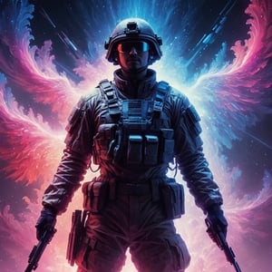 soldier dissolving into red and blue fractal mist, in Neon Impressionism style, with antimatter highlights