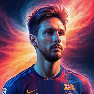 messi dissolving into red and blue fractal mist, in Neon Impressionism style, with antimatter highlights