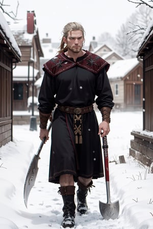 Fashion Show, style by Grimdark,a viking gripping his battle axe , a snowy villagebehind him ,cold,snowing
