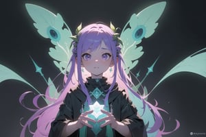 
druid in future-symphonic echoes style, amidst bioluminescent dreamscapes and cyber-ethereal harmonies, creating a kaleidoscope of intertwined hues in pruple and green