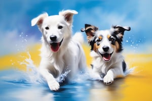 Photorealistic dog party with wet-on-wet brushstrokes for a blurred, dreamy effect
