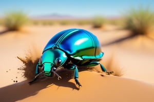 A blue and green beetle carrying a ball of dirt in the desert, with wet-on-wet brush strokes for a blurry, dreamy effec