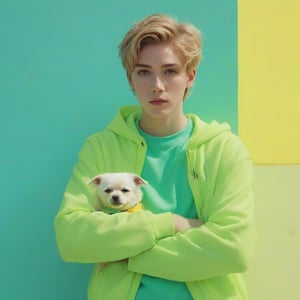 Finn the Human from Adventure Time in neon blue clothing and accessories holding a neon green Jake the Dog on a yellow  background, natural light, fashion magazine cover style,aventure time
