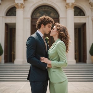 Cinematic still, romantic comedy,FULL-BODY SHOT,(girl with curly brown hair,  light green eyes,  half of which is brown and green), kissing to ( boy in a suit ) outside a luxurious building,  ,8k masterpiece, perfect lighting, stunning details, shadow play, detailed hues, motion blur
