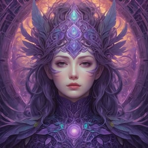 
druid in future-symphonic echoes style, amidst bioluminescent dreamscapes and cyber-ethereal harmonies, creating a kaleidoscope of intertwined hues in pruple and green