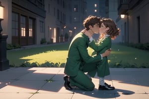 Cinematic still, romantic comedy,FULL-BODY SHOT,(girl with curly brown hair,  light green eyes,  half of which is brown and green), kissing to ( boy in a suit ) outside a luxurious building,  ,8k masterpiece, perfect lighting, stunning details, shadow play, detailed hues, motion blur
