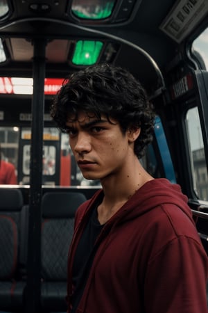 best quality, masterpiece, highres, young guy, sweet faceinaki_godoy in a bus, melancholic gaze, solo, short black hair and curly mexican style, thic nice eyebrows, collarbone,  inakigodoy, inaki_godoy, MDluffy, cinematic, dramatic lights, movie style, full scene, hoodie, green lights dramatic on his face, dark aura, middle long hair,MDLuffy, being kissed by another man 