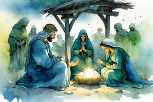 Watercolor of a Festive Nativity Scene Depicting Th Creative Design Posadas Mexico Festiva, two-person, blue, green, freedom, soul, digital illustration, approaching perfection, dynamic, highly detailed, watercolor painting, artstation, concept art, sharp focus, in the style of artists like Russ Mills, Sakimichan, Wlop, Loish, Artgerm, Darek Zabrocki, and Jean-Baptiste Monge