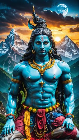 A lost but calm attitude Hindu god lord shiva on a meditating on mountain surrounded by monstrous scared, and the planet dresses skies and landscapes in Black blue yellow green purple, Neon red and Neon Silver colors, giant and perfect lord Shiva the destroyer, ultra realistic details, ki