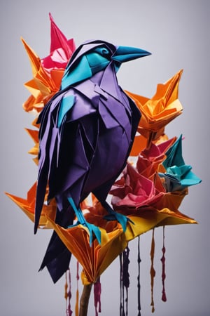 Origami ,dripping paint, a wildly coloured crow sitting on a branch,abstact