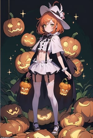 (Detailed illustrations, very detailed and detailed drawings, delicate drawn lines with slow and fast movements, realistic texture expression), [Color-trace main lines], [[Skull Moon] Midnight Graveyard [[Ghost]]],[ HENTAI] kawaii ((anime) Girl (Pretty) 13 years old [SKINNY [morbid]]) (light orange hair [trimmed bangs]) ((magical girl) pumpkin [jack o'lantern]),([bat] head Dress) (Ripped cape full of holes [[Eyeball accessories] Dress shirt (lace (frills) ribbon)] (Suspenders) [Black culotte skirt] [Overknee socks] [[Eye patch bandage plaster]] [Lace fabric: 0.8 ]),Transparency [Soft ambient light: 0.6] Gravure [[Halloween]][Colorful],(Complicated and beautiful decoration [Dense details]),(Detailed and beautiful skin expression [Transparency]),[ Perfect eye details (detailed and beautifully drawn iris)],[Long and beautiful eyelashes: 0.4],[Fine hair details],(Perfect hand details),(Perfect anatomy (well-proportioned perfect proportions)) [Color illustrations that look like pale watercolors] [Visual art that tells a story] [[Natural Eros]].