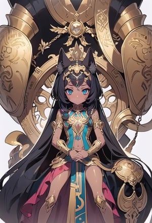 (Detailed illustrations, very detailed and detailed drawings, delicate drawn lines with slow and fast movements, realistic texture expression), [Color traced main lines], [Ruins background [Ancient Egypt]], HENTAI (ANIME Girl (beautiful) ) 16 years old) Cyborg [(tanned skin) [shiny black hair]], ((Bastet) Beautifully decorated golden cybernetic armor) ([Intricate decorative processing] [Elegant], Gorgeous golden luster (polished) Raised reflective luster)) [Gorgeous], Gravure, [Oparts Lost Technology [Hierogram]], (Complicated and beautiful decoration [Dense detail]), (Detailed and beautiful skin expression [Transparency]), [Perfect eye details (beautifully detailed iris) [Jewel-like eyes]], [Long and beautiful eyelashes: 0.4], [Detailed hair [Details of shiny hair] ],(Details of a perfect hand [Beautiful fingers with no defects [Beautiful nails]]),(Perfect anatomy (perfect proportions)) [[Full body image]],[[Highly constructed Design]][Ideal color coordination (accurate simulation of the interaction of light and materials)],(HighQuality,[Precise detail] High resolution,(Detail, High definition)),[Visual art that conveys a sense of storytelling ].