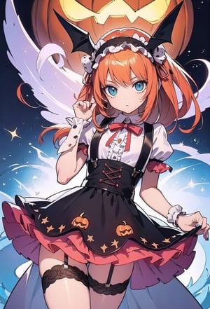 (Detailed illustrations, very detailed and detailed drawings, delicate drawn lines with slow and fast movements, realistic texture expression), [Color-trace main lines], [[Skull Moon] Midnight Graveyard [[Ghost]]],[ HENTAI] kawaii ((anime) Girl (Pretty) 13 years old [SKINNY [morbid]]) (light orange hair [trimmed bangs]) ((magical girl) pumpkin [jack o'lantern]),([bat] head Dress) (Ripped and holey cape Dress shirt (Lace (Ruffles) Ribbon)] (Suspenders) [Black culotte skirt] [Overknee socks [Stripe]] [Lace fabric: 0.8]) [[Eyeball accessories]] [ [Seam] [Seam] [Eyepatch Bandage Bandage] Transparency [Soft Ambient Light] Gravure [[Halloween]] [Colorful] (Intricate and Beautiful Decoration [Dense Details]) Expression [Transparency]), [Perfect eye details (beautifully drawn irises) [Jewel-like eyes]], [Long and beautiful eyelashes], [Detailed hair] Details of Kana hair]],(Details of perfect hands [Beautiful fingers with no breakage [Beautiful nails]]),(Perfect anatomy (perfect proportions)) [[Full body image]],[Ideal Color coordination (accurate simulation of the interaction of light and materials)], (HighQuality, [Precise detail] High resolution, (Detail, High definition)), [[Pale watercolor]] [Visual art that conveys a sense of story ] [[Natural Eros]].