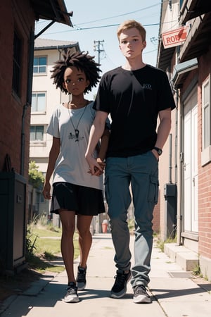 A cartoon illustration of a black girl and a white boy standing outside.