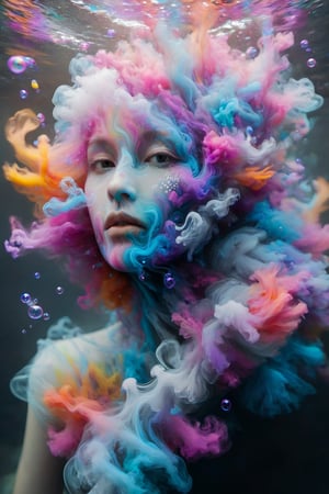 a portrait of a submerged American woman, with streams of many-colored ink swirling around her, resembling billowing smoke underwater. The play of light creates a stark contrast, highlighting the serene expression of her face amidst the chaos of colors, with bubbles scattered throughout the view, suggesting a silent explosion in slow motion. The light refracts through the water, adding depth and a dreamlike quality to the scene, focusing on the interaction between the ink tendrils and the bubbles. Precipitous, sexy pose.,more detail XL,DonMW15pXL,dazr3pl1ca