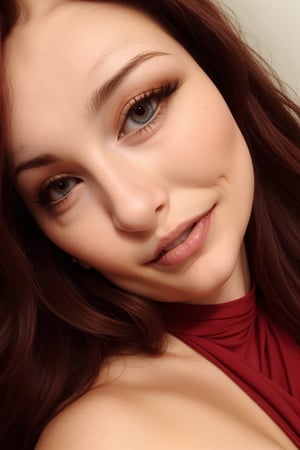 20 y. o. woman in body con tight minidress curvy breasts red long hair, make up close up shot of face and top of breasts, facing_viewer