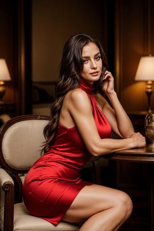 photorealistic, masterpiece, best quality, raw photo, 1 20 year old girl, long hair, brown eyes and detailed face, big breasts, discreet, full body, seductive body, slim body, beautiful legs, seductive pose, beautiful girl, seductive dress, one shoulder neckline dress, silky dress
red dress,Straddling Chair Back