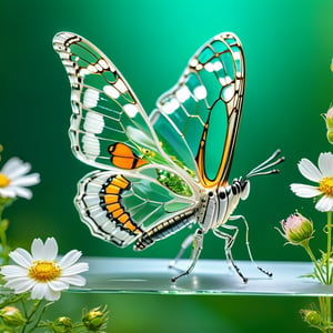 masterpiece, high quality, realistic aesthetic photography (HDR:1.2), pores and details, intricate textures, elegant and beautiful, RAW photography, 24K, side view in cosmos), glass mechanical white monarch butterfly, (biohybrid robot), clear glass skin,glass wing,c1bo,Enhance
green background, with flowers