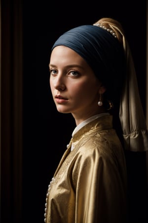 The portrait of a blonde noble woman inspired by the work The Girl with a Pearl Earring, with dramatic chiaroscuro lighting and detailed textures of the fabric, with hyper-realistic brown eyes.with jewelry
photo taken with a 5d camera, with a 50 millimeter lens
