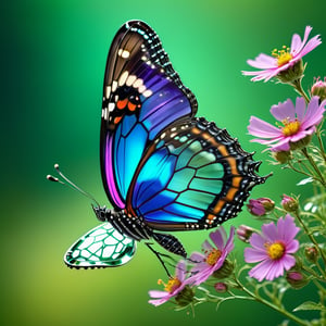 masterpiece, high quality, realistic aesthetic photography (HDR:1.2), pores and details, intricate textures, elegant and beautiful, RAW photography, 24K, side view in cosmos), glass mechanical purple monarch butterfly, (biohybrid robot), clear glass skin,glass wing,c1bo,Enhance
green background, with flowers