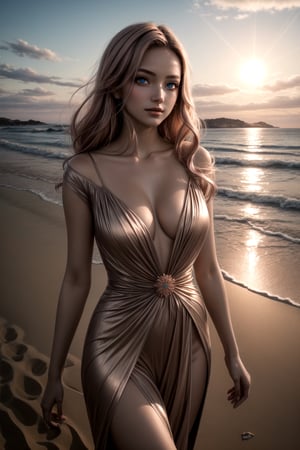 masterpiece, highest quality,1girl, Soft rose-gold hair, reflecting the warmth of the dawning sun. Eyes, bronze-hued, filled with the allure of countless horizons yet to be discovered. Walking upon golden sands that shift and transform into dreamlike landscapes, best quality, ((beautiful eyes)), scandly cla ,sexy 