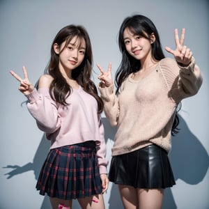 A litte girl 15yo A little girl child in a we see two anime school girls wearing pink sweaters and plaid skirts. They are standing side by side with their hands in the air, giving peace signs. Both girls have双马尾发型 and are smiling. One girl is taller than the other., photorealistic